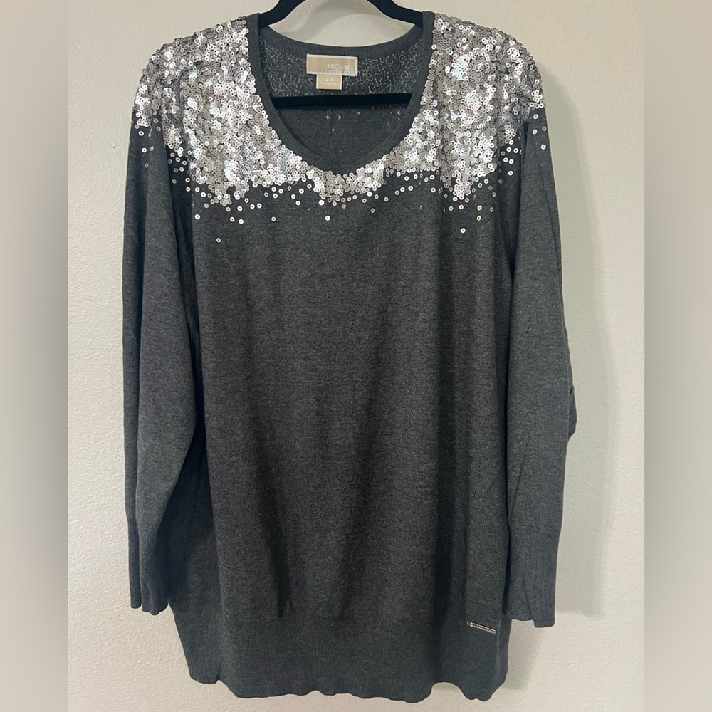 Michael Kors Dark Gray Sequin Long Sleeve Sweater